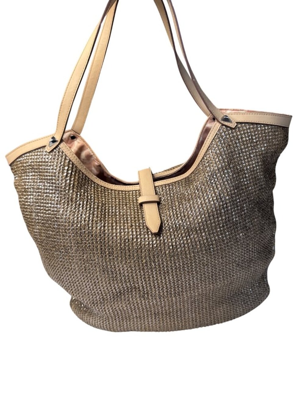 Stella & Dot Riviera Tote Straw Bag With Faux Leather Trim Gold-Tone Lightweight